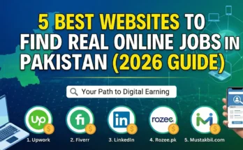 A Pakistani freelancer using a laptop to search for remote jobs on LinkedIn and Upwork, representing real online earning opportunities in 2026.