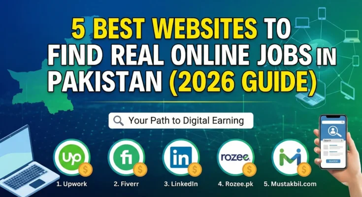 A Pakistani freelancer using a laptop to search for remote jobs on LinkedIn and Upwork, representing real online earning opportunities in 2026.