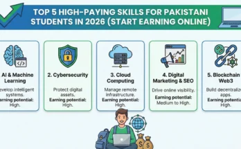 Pakistani student working on a laptop learning high-paying freelance skills like SEO and web development in 2026