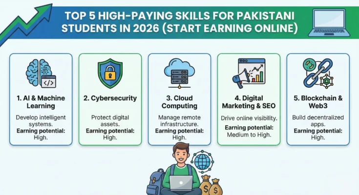 Pakistani student working on a laptop learning high-paying freelance skills like SEO and web development in 2026