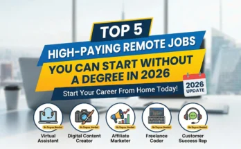 A person working from home on a laptop, representing high-paying remote jobs like AI Prompt Engineering and Social Media Management that require no degree in 2026.