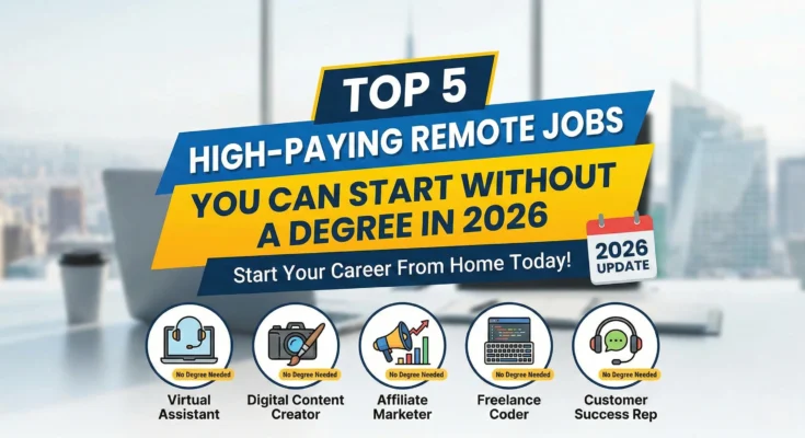 A person working from home on a laptop, representing high-paying remote jobs like AI Prompt Engineering and Social Media Management that require no degree in 2026.