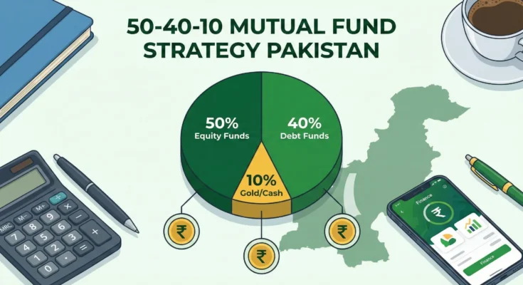 A Pakistani freelancer working on a laptop with a financial growth chart and Meezan Bank mutual fund app in the background.