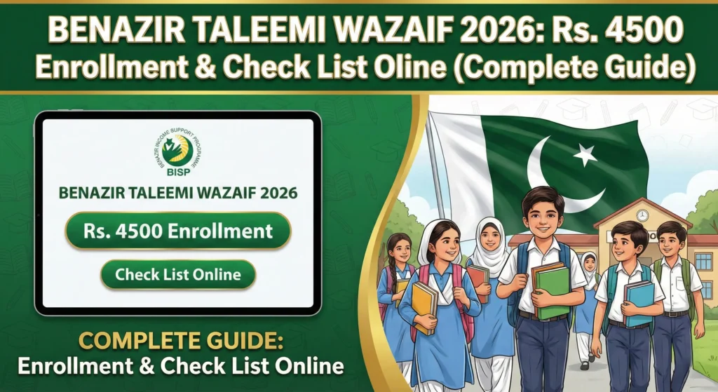 A BISP data entry operator verifying a mother's CNIC and child's B-Form for Taleemi Wazaif enrollment.