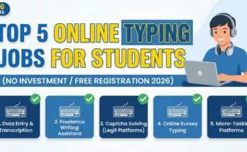 Student comfortably working on an online Typing Jobs using a laptop with a coffee mug.