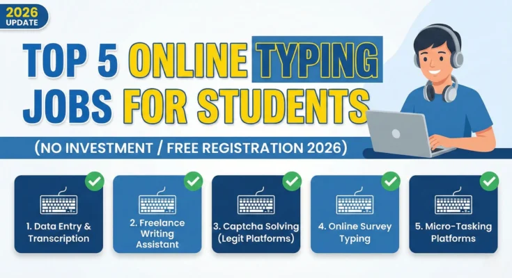 Student comfortably working on an online Typing Jobs using a laptop with a coffee mug.