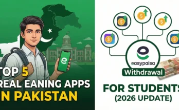 A Pakistani student using a smartphone to earn money via Markaz and Zarya apps with EasyPaisa withdrawal options in 2026