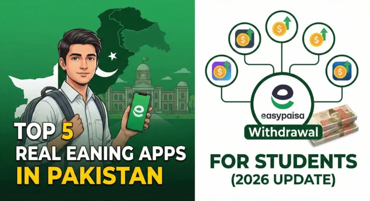 A Pakistani student using a smartphone to earn money via Markaz and Zarya apps with EasyPaisa withdrawal options in 2026