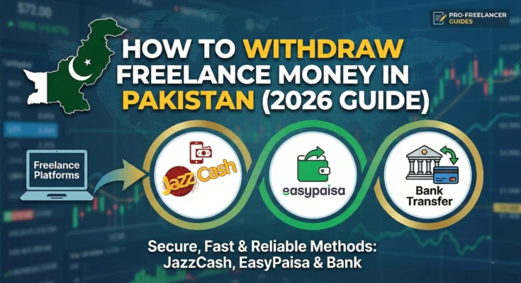 Logos of JazzCash, EasyPaisa, Payoneer, and Sadapay illustrating withdrawal money methods for freelancers in Pakistan