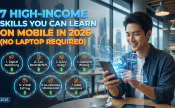 A student using a smartphone to learn high-income skills like video editing and graphics in Pakistan 2026