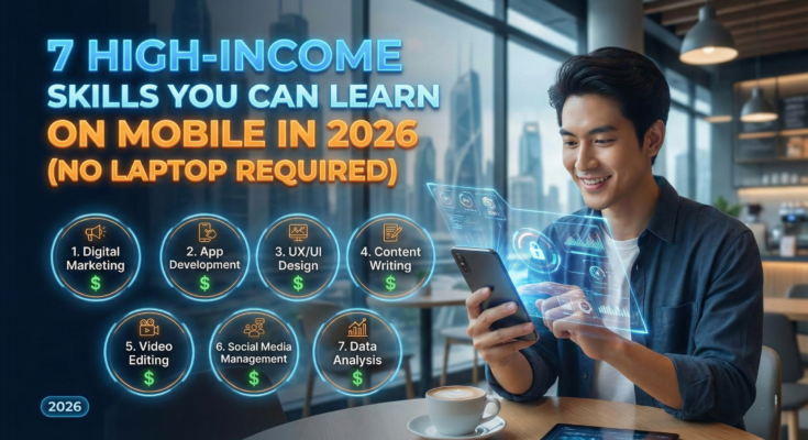 A student using a smartphone to learn high-income skills like video editing and graphics in Pakistan 2026