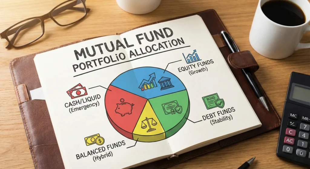 A pie chart showing the 50-40-10 investment allocation for money market, income, and equity mutual funds.