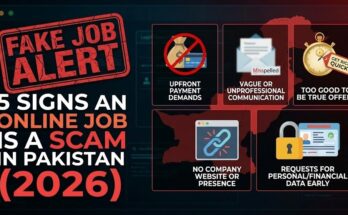 A smartphone screen displaying a fake WhatsApp job offer with a red warning sign, illustrating online job scams in Pakistan 2026.