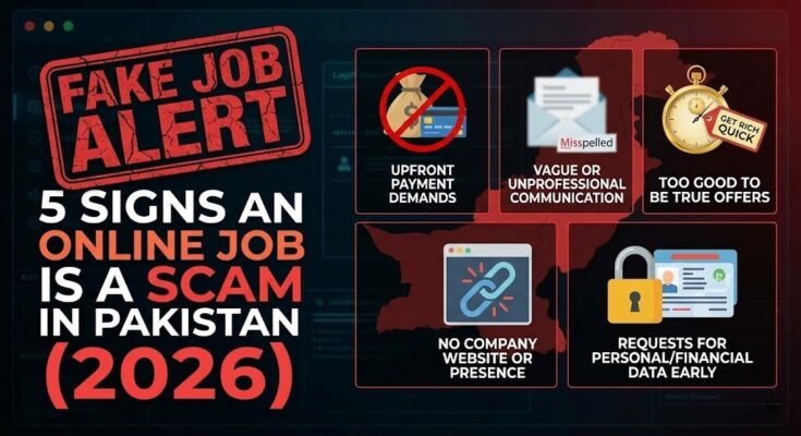 A smartphone screen displaying a fake WhatsApp job offer with a red warning sign, illustrating online job scams in Pakistan 2026.